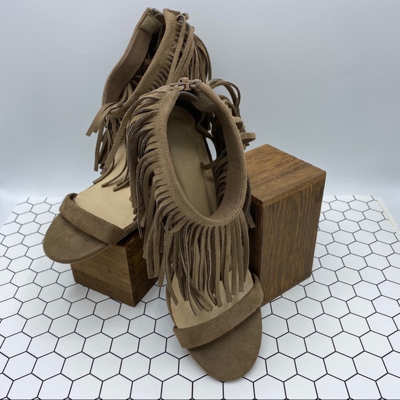 Wild Diva Tan Suede heels with Ankle Fringe - Picture 3 of 6